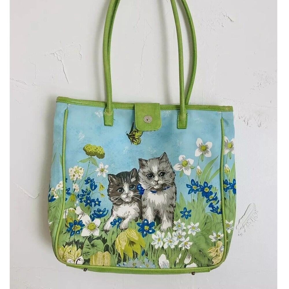 Vintage Retro PVC Tote Bag Kittens Kitties Butterfly Green Blue Plastic Gingham